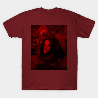Beautiful girl with dark  hair. Red, rough texture on background. T-Shirt